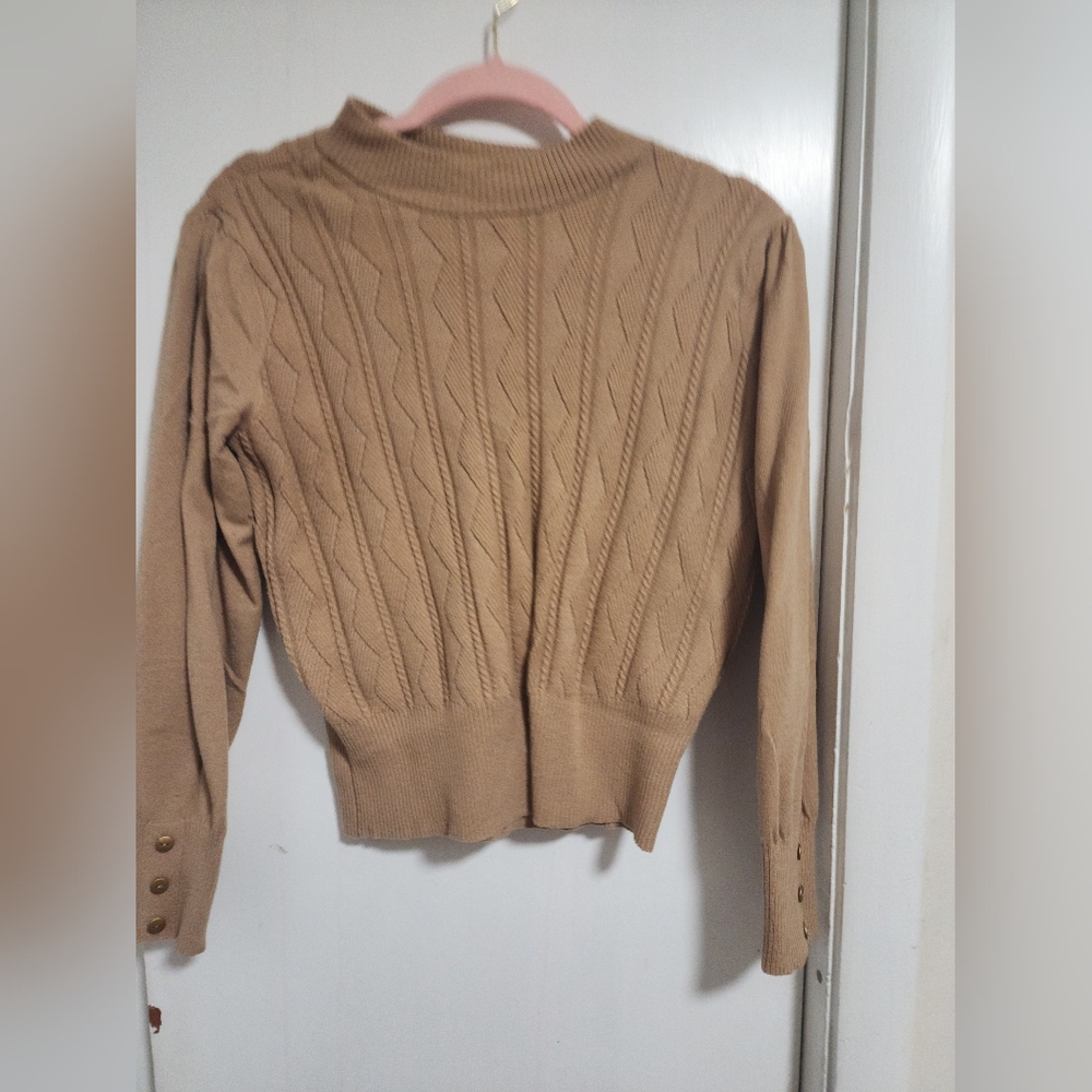 Luxe By Tricot,Elegant Tan Cable Knit Turtleneck Sweater S